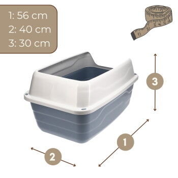 Kunststoff-Hauben-Katzentoilette (weißer Deckel, grauer Boden) mit Maßangaben: 1: 56 cm, 2: 40 cm, 3: 30 cm.