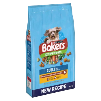 Bakers dog food bag featuring a playful dog, labeled "Bakers Superfoods," with "Adult 100% Complete" and "with tasty chicken & country vegetables."