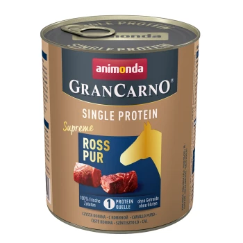 Dosen-Hundefutter 'GranCarno Supreme Single Protein Ross Pur' mit Bildern von rohem Fleisch, gekennzeichnet als 100% frisch und getreidefrei.