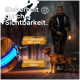Eine Person führt einen Golden Retriever mit einem blauen LED-Halsband in einem schwach beleuchteten Park. Der Text hebt Sicherheits- und Sichtbarkeitsmerkmale hervor.