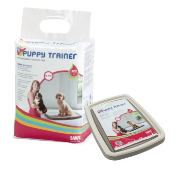 Puppy Trainer superabsorbierende Trainingspads Verpackung, mit 15 Pads, daneben ein Tablett, das einen Hund und eine Person zeigt.