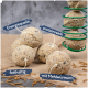 Proteinreiche Energiebällchen aus Mehlwürmern, beschriftet mit "Energiequelle", "proteinreich", "fetthaltig" und "mit Mehlwürmern."