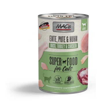 Nassfutter Katze Adult Ente, Pute und Huhn 6x400 g Dosenkatzenfutter mit der Aufschrift 'MAC's Super Food for Cats', das Ente, Truthahn und Huhn enthält. Hervorhebt, dass es getreidefrei und mit hohem Fleischanteil ist.