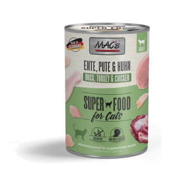 Karma w puszce dla kotów oznaczona "MAC's Super Food for Cats", zawierająca kaczkę, indyka i kurczaka. Podkreśla brak zbóż i wysoką zawartość mięsa.