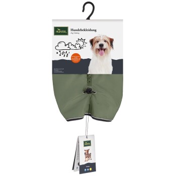 Hundebekleidung, die auf einem Kleiderbügel präsentiert wird, mit einer grünen Jacke mit schwarzem Besatz und einem Bild eines glücklichen Hundes auf der Verpackung.