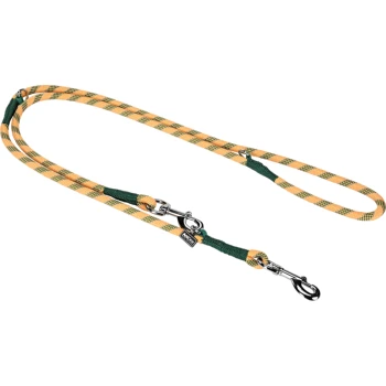 Une laisse de chien colorée avec un motif à carreaux jaune et vert, avec un clip en métal robuste et une étiquette de marque.