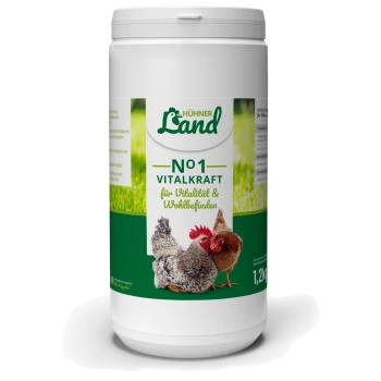 Behälter von HühnerLand No.1 Vitalkraft für Geflügel, mit zwei Hühnern auf dem Etikett, das Vitalität und Wohlbefinden fördert.