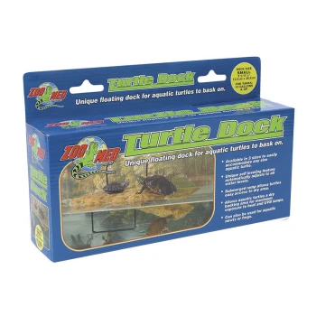 Box für Zoo Meds "Turtle Dock", die einen schwimmenden Dock für Schildkröten mit Größenoptionen und selbstnivellierenden Vorteilen zum Sonnenbaden zeigt.