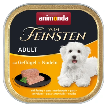 Boîte de nourriture pour chien avec volaille et pâtes, présentant un chien blanc sur l'étiquette ; le texte comprend "animonda," "vom Feinsten," et "ADULT."