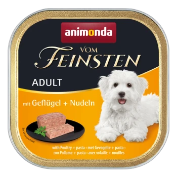Hundfutterdose mit Geflügel und Pasta, mit einem weißen Hund auf dem Etikett; der Text enthält "animonda", "vom Feinsten" und "ADULT."