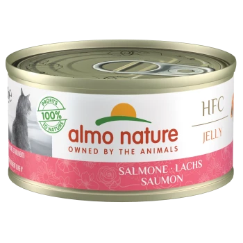 Une boîte de nourriture pour chat Almo Nature étiquetée "HFC Jelly" avec saveur de saumon, présentant une silhouette de chat et un sceau "100% Profits to Nature".