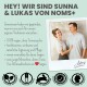 Werbegrafik für NOMS+ mit den Gründern Sunna und Lukas, die 100% vegane, tierversuchsfreie Haustierprodukte und Werte hervorhebt.