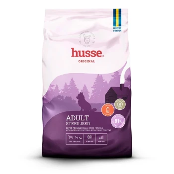 Lila Beutel von Husse Super Premium Hundefutter "Sterilised Mini" mit 28% Protein und 81% tierischem Protein für sterilisierten kleine Rassen.