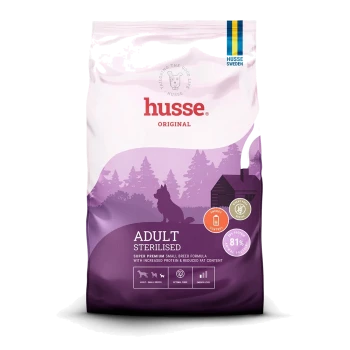 Lila Beutel von Husse Super Premium Hundefutter "Sterilised Mini" mit 28% Protein und 81% tierischem Protein für sterilisierten kleine Rassen.