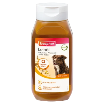 Bouteille d'huile de lin Beaphar pour chiens, étiquetée "Leinöl," présentant un chien marron à l'avant, avec un texte mettant en avant ses bienfaits pour la peau et le pelage.
