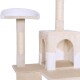 Ein beige-weißer Katzenbaum mit einer plüschigen oberen Liegefläche, einem Kratzbaum und einem mehrstöckigen Versteck mit Bögen.