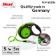 Neon green and black Flexi retractable dog leash with ergonomic grip, 5m tape, and features for dogs up to 15kg. Made in Germany.