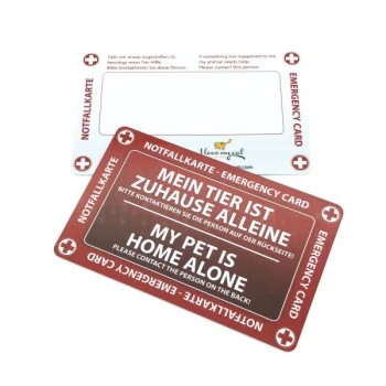 Notfallkarten für Haustiere, mit zweisprachigem Text: "MEIN HAUSTIER IST ALLEINE ZUHAUSE" und "MY PET IS HOME ALONE."
