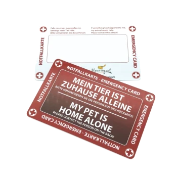 Notfallkarten für Haustiere, mit zweisprachigem Text: "MEIN HAUSTIER IST ALLEINE ZUHAUSE" und "MY PET IS HOME ALONE."