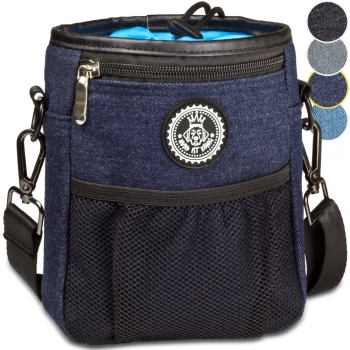 ® Premium Leckerlibeutel für Hunde | Robuster Futterbeutel Hunde mit viel Stauraum dunkelblau Navy-blaues Haustiertragegestell mit einem Reißverschluss oben, einem Netzfach und einem Logo-Patch mit einem Hund.