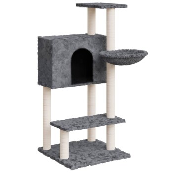 Grauer Katzenbaum mit mehreren Ebenen, einem gemütlichen Versteck und einem runden Platz, entworfen zum Klettern und Ausruhen.