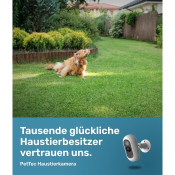 Ein Golden Retriever auf grünem Gras schaut zu einer PetTec-Kamera auf. Text: "Tausende glückliche Haustierbesitzer vertrauen uns."