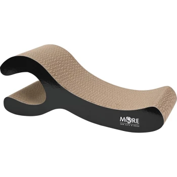 Curved cat scratching post in beige and black, labeled "MORE for Cats & Dogs," designed for pet scratching and play.