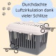 Transportbox mit belüftetem weißem Deckel und geschlitztem grauem Unterteil; Text: "Durchdachte Luftzirkulation dank vieler Schlitze".