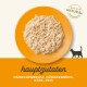 Zerrissenes Hähnchen, Käse und Reis auf einem orangefarbenen Teller, mit dem Text "hauptzutaten" und "Hähnchenbrust, Hühnerbrühe, Käse, Reis."