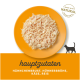 Zerrissenes Hähnchen, Käse und Reis auf einem orangefarbenen Teller, mit dem Text "hauptzutaten" und "Hähnchenbrust, Hühnerbrühe, Käse, Reis."