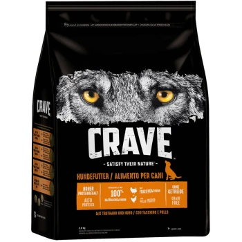 Schwarze Hundefuttertüte mit der Aufschrift "CRAVE" und einem Wolf-Graphic, die hohen Proteingehalt, natürliche Zutaten und getreidefreie Formel in Deutsch und Italienisch hervorhebt.