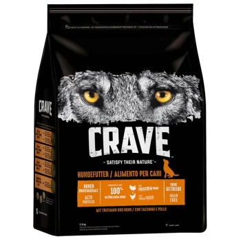 Czarna torba z karmą dla psów oznaczona "CRAVE" z grafiką wilka, podkreślająca wysoką zawartość białka, naturalne składniki i formułę bez zbóż w języku niemieckim i włoskim.