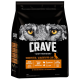 Czarna torba z karmą dla psów oznaczona "CRAVE" z grafiką wilka, podkreślająca wysoką zawartość białka, naturalne składniki i formułę bez zbóż w języku niemieckim i włoskim.