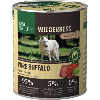 WILDERNESS Adult Pure Buffalo Bawół Domowy 6x800 g Karma w puszce dla psów "Real Nature Wilderness Adult Pure Buffalo" z białym wilkiem na etykiecie; 95% bawolej wody, 5% owoców/ziół, 0% zbóż.