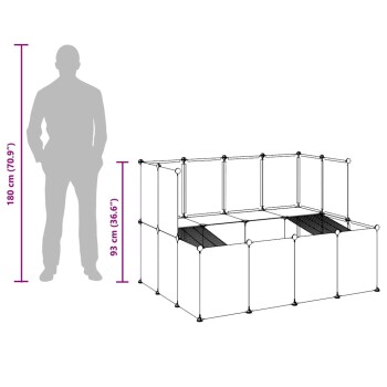 Diagramm eines Haustierauslaufs mit einer Höhe von 93 cm (36,6"), mit einer 180 cm (70,9") großen menschlichen Silhouette zum Größenvergleich.