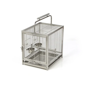 Edelstahl-Haustierkäfig mit einem Griff, der zwei Futterschalen im Inneren und einen sicheren Verschluss an der Vorderseite hat.