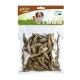 Un sac en plastique transparent rempli de sprats séchés, étiqueté "Multifit native" avec une image de chien et le mot "Sprotten" en haut.