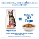 Hill's Science Plan 7-kg-Katzenfuttersack neben einer Schale Kroketten mit sichtbarem Text 'Futter für 117 Tage' und '7-kg-Beutel'