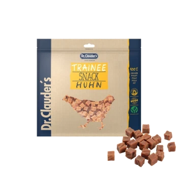 Verpackung von Dr. Clauder's Trainee Snack Huhn mit einer Hühnersilhouette aus kleinen, würfelförmigen Leckerlis, beschriftet mit '100% Huhn.'