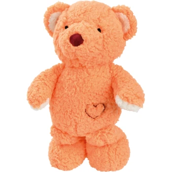 Weicher, orangefarbener Teddybär mit einem aufgenähten Herzen auf dem Bauch und weißen Akzenten an den Ohren, ideal für Haustiere oder Kinder.