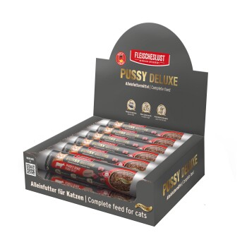Displaybox mit Fleischeslust 'Pussy Deluxe' Katzenfutter-Tuben, beschriftet mit 'Alleinfuttermittel | Complete feed for cats'.