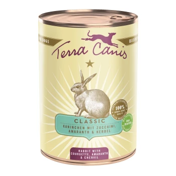 Nassfutter Hund Classic Adult Kaninchen 6x400 g Dose mit Terra Canis Hundefutter, die eine Kaninchenillustration zeigt, beschriftet mit "Classic" und Zutaten: Kaninchen, Zucchini, Amaranth und Kerbel.