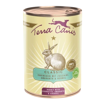 Dose mit Terra Canis Hundefutter, die eine Kaninchenillustration zeigt, beschriftet mit "Classic" und Zutaten: Kaninchen, Zucchini, Amaranth und Kerbel.