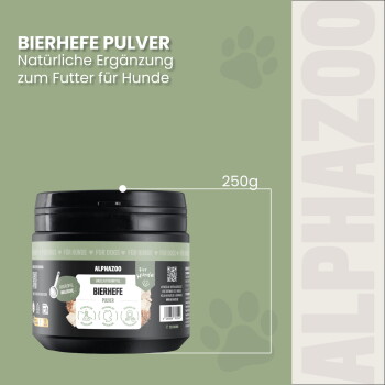 Verpackung des "Bierhefe" Haustierergänzungsmittels von Alphazoo, mit natürlichen Vitaminen, umweltfreundlicher Verpackung und geeignet für alle Rassen und Altersgruppen.
