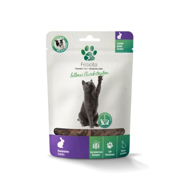Fellicita Katzensnack-Beutel mit grauer Katze, Fellonis Fleischstreifen, Kaninchen (Rabbit), Junior/Adult/Senior