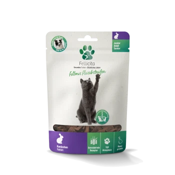 Fellicita Katzensnack-Beutel mit grauer Katze, Fellonis Fleischstreifen, Kaninchen (Rabbit), Junior/Adult/Senior