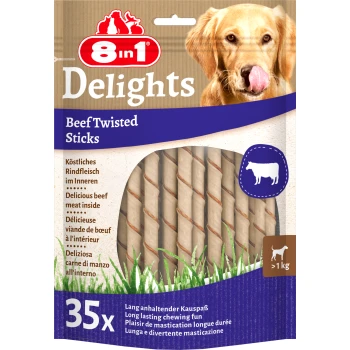 Verpackung von 8in1 Delights Beef Twisted Sticks mit 35 Kausticks, mit Text, der köstliches Rindfleisch im Inneren und langanhaltenden Kau-Spaß hervorhebt.