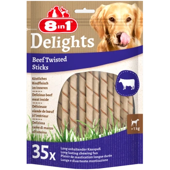 Verpackung von 8in1 Delights Beef Twisted Sticks mit 35 Kausticks, mit Text, der köstliches Rindfleisch im Inneren und langanhaltenden Kau-Spaß hervorhebt.