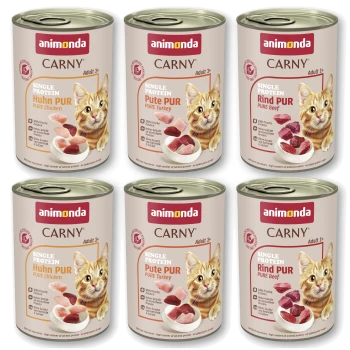 Sechs Animonda Carny Katzenfutterdosen (Huhn, Truthahn, Rind) mit orangefarbener Tigerkatze und Napf, 'Single Protein'-Label.