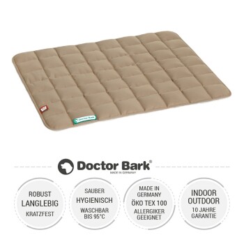 Eine beige und grüne Hundedecke von Doctor Bark, beschriftet mit "sauber | hygienisch | pflegeleicht," was darauf hinweist, dass sie bis zu 95°C waschbar und trocknergeeignet ist.